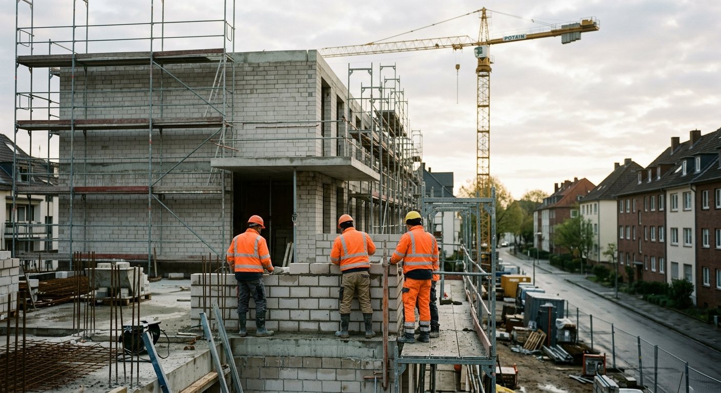 Rohbau-Baustelle mit Kran und Bauarbeitern